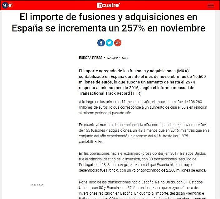 El importe de fusiones y adquisiciones en Espaa se incrementa un 257% en noviembre